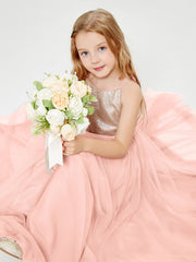 Robe Longue de Demoiselle d'Honneur Junior avec Haut en Paillettes et Jupe en Tulle Corail