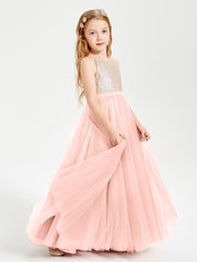 Robe Longue de Demoiselle d'Honneur Junior avec Haut en Paillettes et Jupe en Tulle Corail