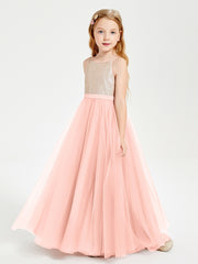 Robe Longue de Demoiselle d'Honneur Junior avec Haut en Paillettes et Jupe en Tulle Corail