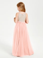 Robe Longue de Demoiselle d'Honneur Junior avec Haut en Paillettes et Jupe en Tulle Corail