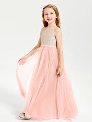 Robe Longue de Demoiselle d'Honneur Junior avec Haut en Paillettes et Jupe en Tulle Corail