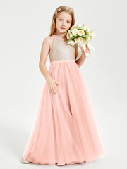 Robe Longue de Demoiselle d'Honneur Junior avec Haut en Paillettes et Jupe en Tulle Corail
