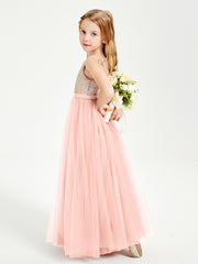 Robe Longue de Demoiselle d'Honneur Junior avec Haut en Paillettes et Jupe en Tulle Corail