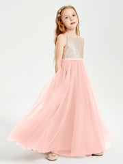 Robe Longue de Demoiselle d'Honneur Junior avec Haut en Paillettes et Jupe en Tulle Corail