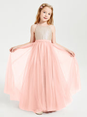Robe Longue de Demoiselle d'Honneur Junior avec Haut en Paillettes et Jupe en Tulle Corail