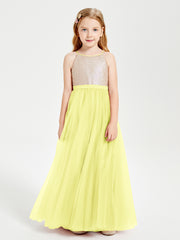 Robe Longue de Demoiselle d'Honneur Junior avec Haut en Paillettes et Jupe en Tulle Jonquille