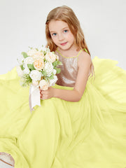 Robe Longue de Demoiselle d'Honneur Junior avec Haut en Paillettes et Jupe en Tulle Jonquille