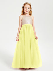 Robe Longue de Demoiselle d'Honneur Junior avec Haut en Paillettes et Jupe en Tulle Jonquille