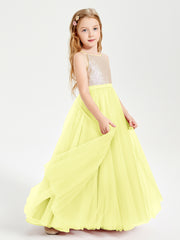 Robe Longue de Demoiselle d'Honneur Junior avec Haut en Paillettes et Jupe en Tulle Jonquille