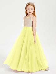 Robe Longue de Demoiselle d'Honneur Junior avec Haut en Paillettes et Jupe en Tulle Jonquille