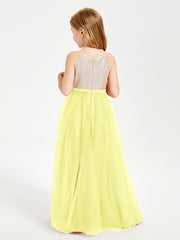 Robe Longue de Demoiselle d'Honneur Junior avec Haut en Paillettes et Jupe en Tulle Jonquille
