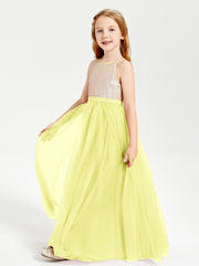 Robe Longue de Demoiselle d'Honneur Junior avec Haut en Paillettes et Jupe en Tulle Jonquille