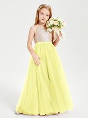 Robe Longue de Demoiselle d'Honneur Junior avec Haut en Paillettes et Jupe en Tulle Jonquille