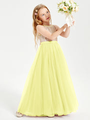 Robe Longue de Demoiselle d'Honneur Junior avec Haut en Paillettes et Jupe en Tulle Jonquille