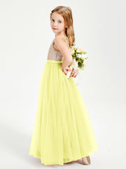 Robe Longue de Demoiselle d'Honneur Junior avec Haut en Paillettes et Jupe en Tulle Jonquille