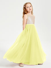 Robe Longue de Demoiselle d'Honneur Junior avec Haut en Paillettes et Jupe en Tulle Jonquille