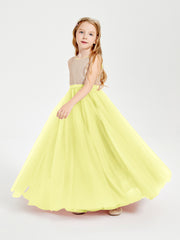 Robe Longue de Demoiselle d'Honneur Junior avec Haut en Paillettes et Jupe en Tulle Jonquille
