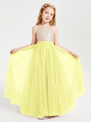 Robe Longue de Demoiselle d'Honneur Junior avec Haut en Paillettes et Jupe en Tulle Jonquille