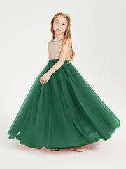 Robe Longue de Demoiselle d'Honneur Junior avec Haut en Paillettes et Jupe en Tulle Vert Foncé