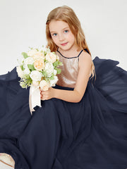 Robe Longue de Demoiselle d'Honneur Junior avec Haut en Paillettes et Jupe en Tulle Bleu Marine