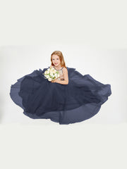 Robe Longue de Demoiselle d'Honneur Junior avec Haut en Paillettes et Jupe en Tulle Bleu Marine