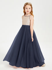 Robe Longue de Demoiselle d'Honneur Junior avec Haut en Paillettes et Jupe en Tulle Bleu Marine