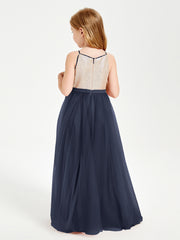 Robe Longue de Demoiselle d'Honneur Junior avec Haut en Paillettes et Jupe en Tulle Bleu Marine