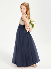 Robe Longue de Demoiselle d'Honneur Junior avec Haut en Paillettes et Jupe en Tulle Bleu Marine