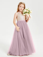 Robe Longue de Demoiselle d'Honneur Junior avec Haut en Paillettes et Jupe en Tulle Dusk