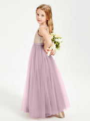 Robe Longue de Demoiselle d'Honneur Junior avec Haut en Paillettes et Jupe en Tulle Dusk