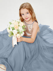 Robe Longue de Demoiselle d'Honneur Junior avec Haut en Paillettes et Jupe en Tulle Bleu Poudré