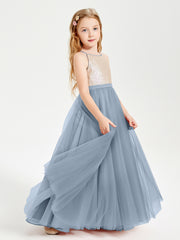 Robe Longue de Demoiselle d'Honneur Junior avec Haut en Paillettes et Jupe en Tulle Bleu Poudré