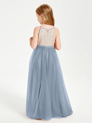 Robe Longue de Demoiselle d'Honneur Junior avec Haut en Paillettes et Jupe en Tulle Bleu Poudré