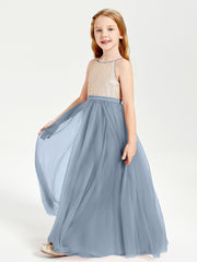 Robe Longue de Demoiselle d'Honneur Junior avec Haut en Paillettes et Jupe en Tulle Bleu Poudré