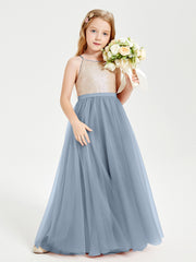 Robe Longue de Demoiselle d'Honneur Junior avec Haut en Paillettes et Jupe en Tulle Bleu Poudré