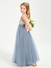 Robe Longue de Demoiselle d'Honneur Junior avec Haut en Paillettes et Jupe en Tulle Bleu Poudré