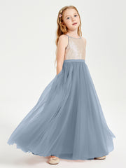 Robe Longue de Demoiselle d'Honneur Junior avec Haut en Paillettes et Jupe en Tulle Bleu Poudré