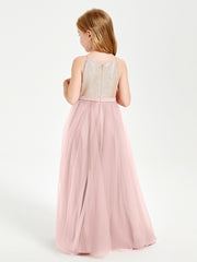 Robe Longue de Demoiselle d'Honneur Junior avec Haut en Paillettes et Jupe en Tulle Rose Poudré