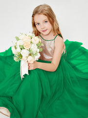 Robe Longue de Demoiselle d'Honneur Junior avec Haut en Paillettes et Jupe en Tulle Emeraude