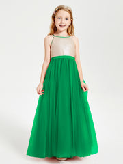 Robe Longue de Demoiselle d'Honneur Junior avec Haut en Paillettes et Jupe en Tulle Emeraude