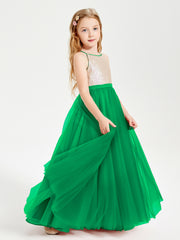 Robe Longue de Demoiselle d'Honneur Junior avec Haut en Paillettes et Jupe en Tulle Emeraude
