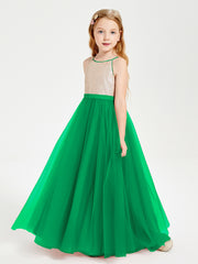 Robe Longue de Demoiselle d'Honneur Junior avec Haut en Paillettes et Jupe en Tulle Emeraude