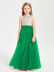 Robe Longue de Demoiselle d'Honneur Junior avec Haut en Paillettes et Jupe en Tulle Emeraude