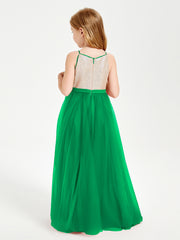 Robe Longue de Demoiselle d'Honneur Junior avec Haut en Paillettes et Jupe en Tulle Emeraude
