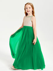 Robe Longue de Demoiselle d'Honneur Junior avec Haut en Paillettes et Jupe en Tulle Emeraude
