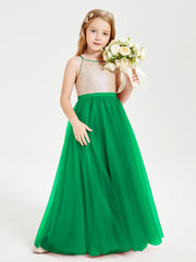 Robe Longue de Demoiselle d'Honneur Junior avec Haut en Paillettes et Jupe en Tulle Emeraude