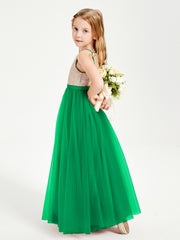 Robe Longue de Demoiselle d'Honneur Junior avec Haut en Paillettes et Jupe en Tulle Emeraude