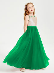 Robe Longue de Demoiselle d'Honneur Junior avec Haut en Paillettes et Jupe en Tulle Emeraude
