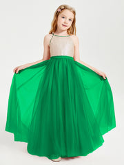 Robe Longue de Demoiselle d'Honneur Junior avec Haut en Paillettes et Jupe en Tulle Emeraude