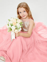 Robe Longue de Demoiselle d'Honneur Junior avec Haut en Paillettes et Jupe en Tulle Flamant